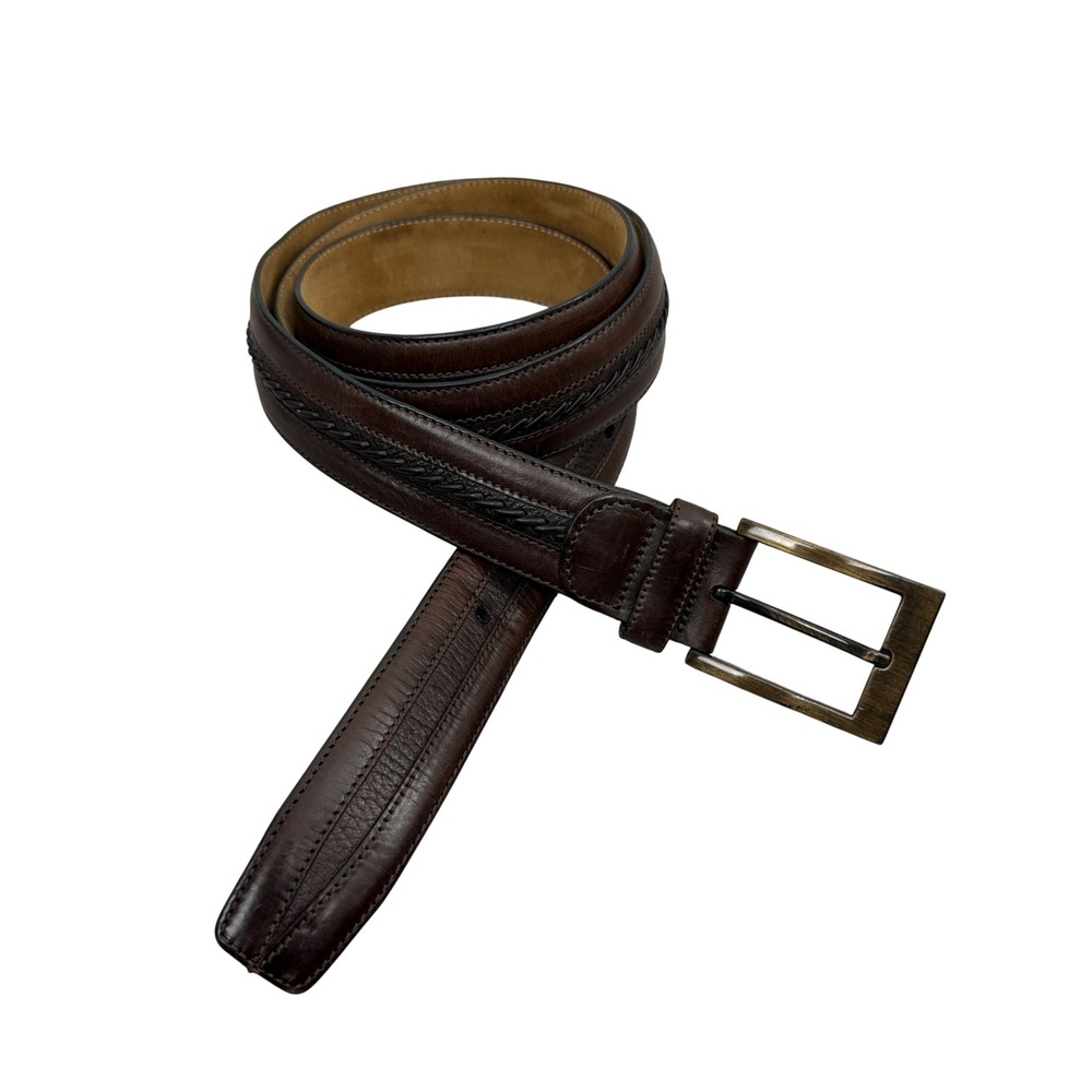Mezlan Belt Mens 44 Brown Leather Braided Center Dress Casual Brass Buckle 57in